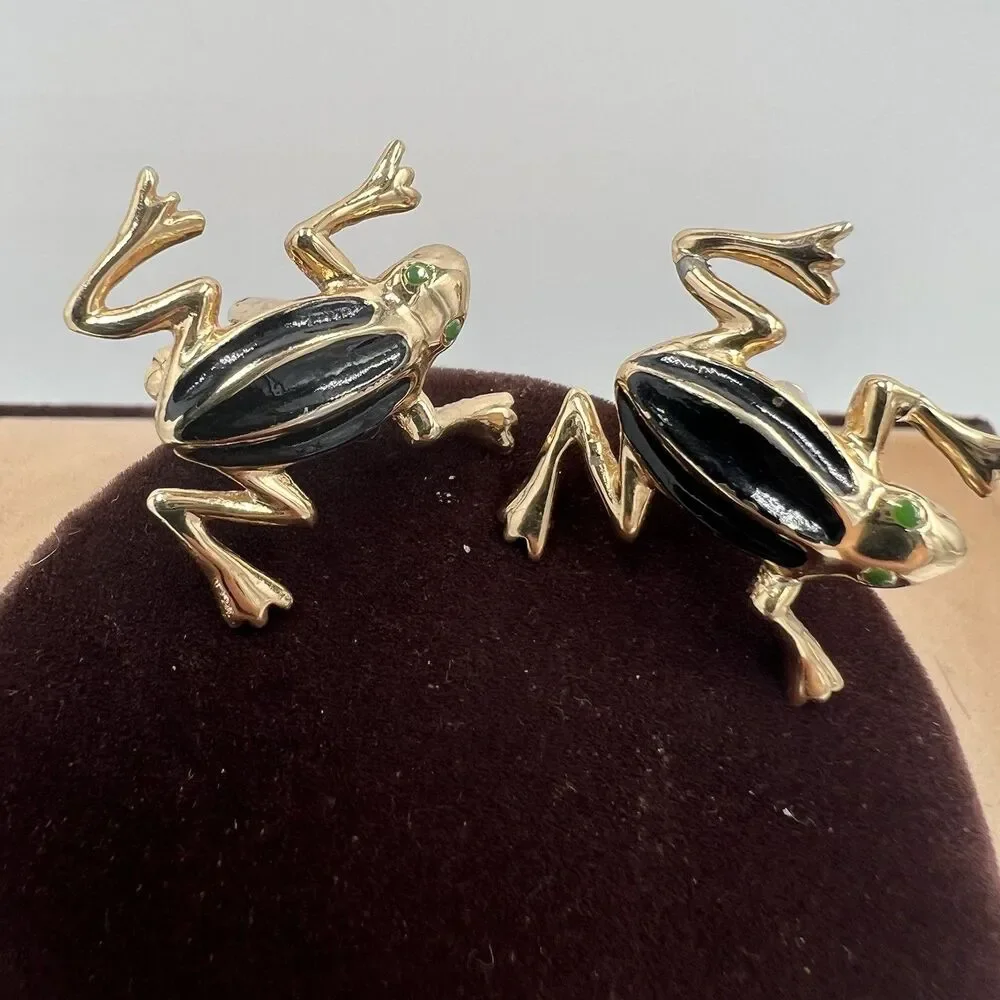 Vintage Tree Frog Cufflinks Black And Gold Formal Wedding Holiday Bold Gold